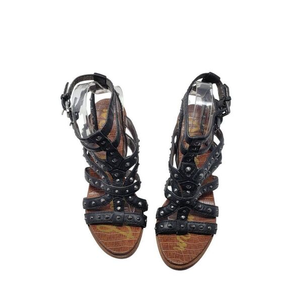 Sam Edelman Keith Gladiator Leather Studded Heeled Sandals 8 Black Strappy - Picture 4 of 11
